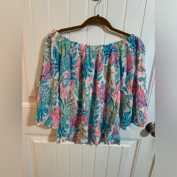 Lily Pulitzer Tropical Blue and Pink off the shoulder top - Picture 6 of 6